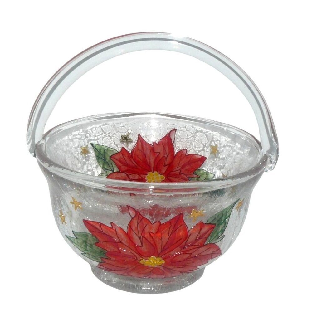 Hand-Painted Crackle Glass Basket w Handle Poinsettias Stars Vintage 7.5"